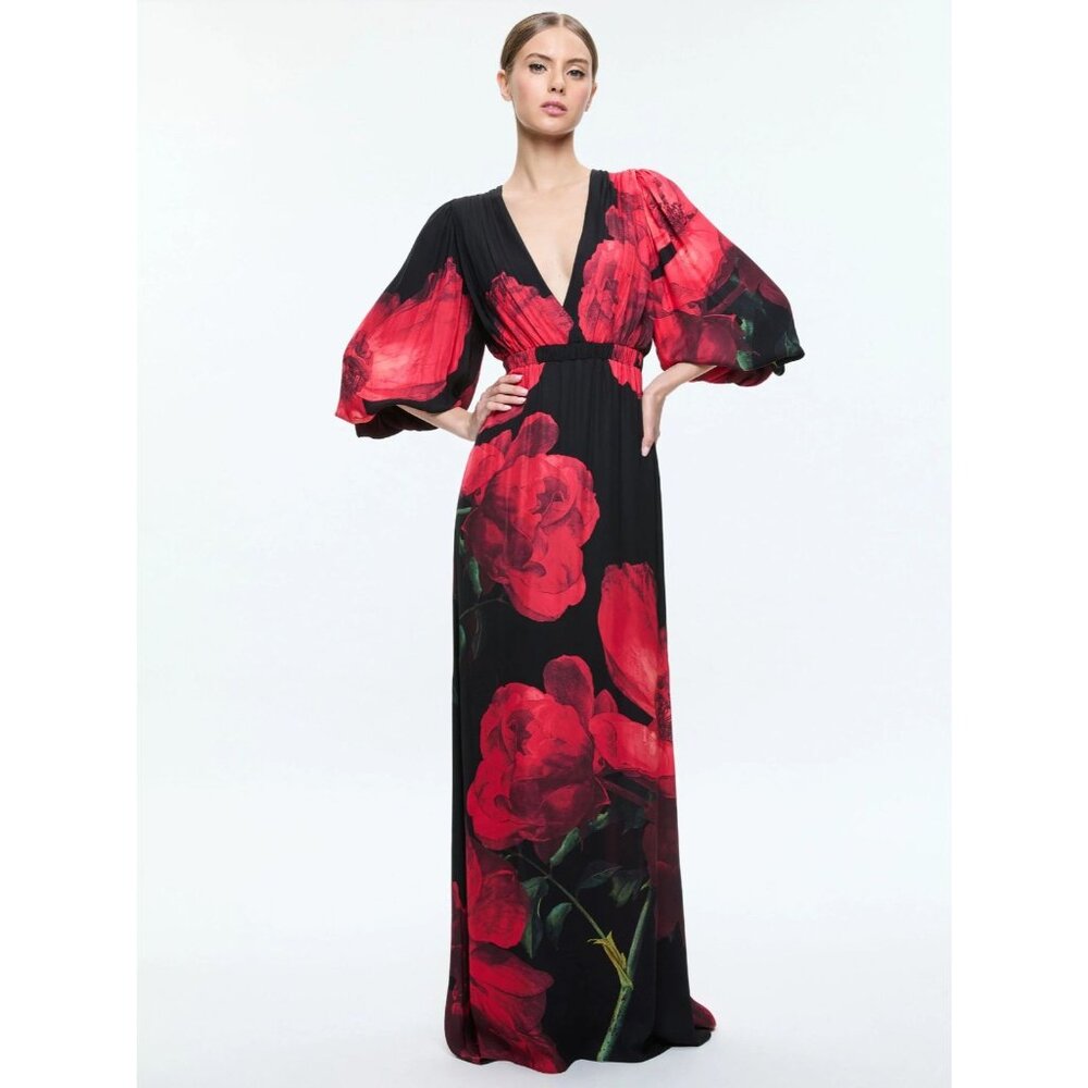 Alice + Olivia Clarissa Maxi Dress 2 in Peony Petals Bright Ruby NWT $695 - Picture 5 of 16